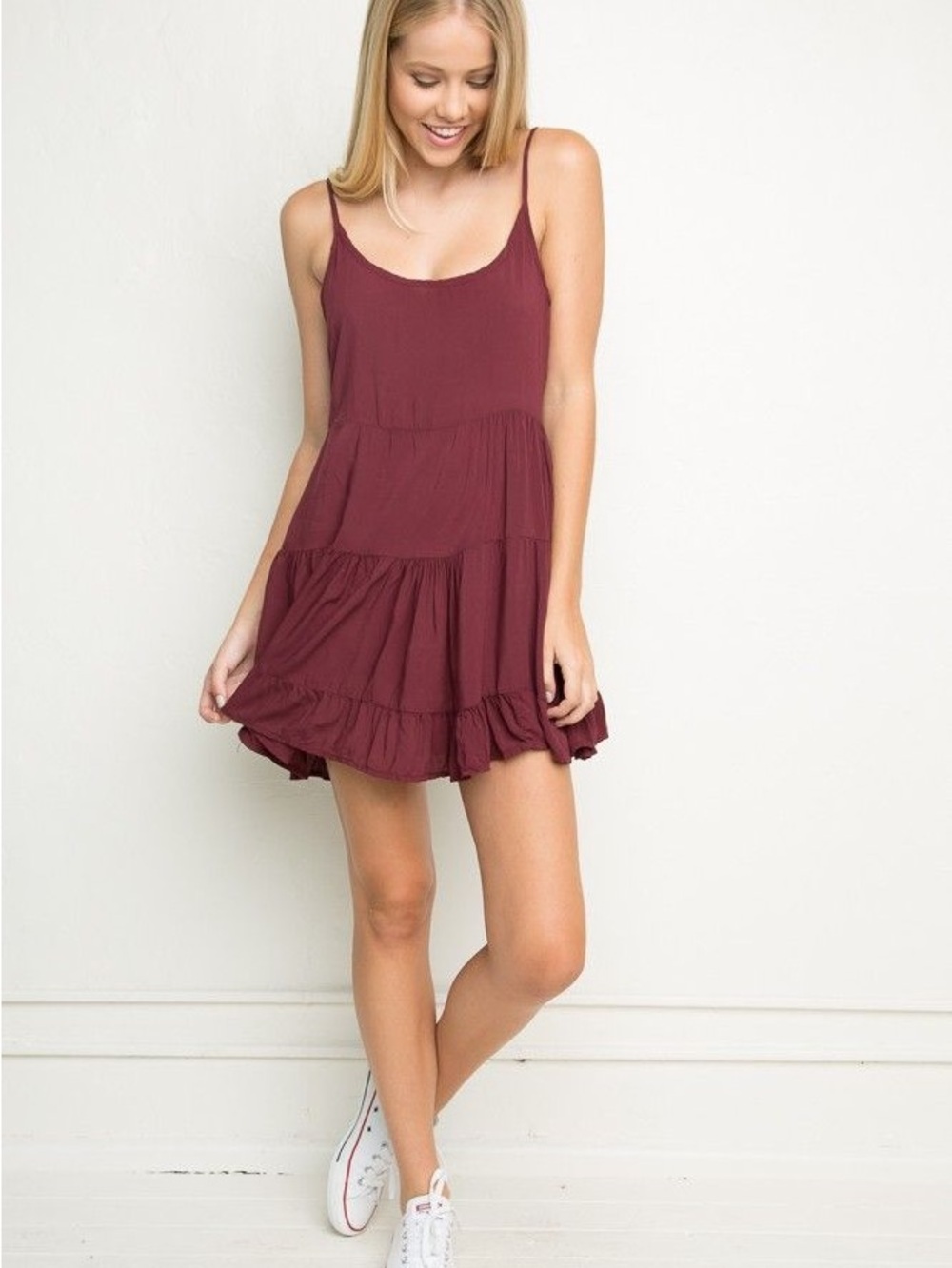 Brandy Melville Burgundy Jada Coquette 90s Grunge Indie Tiered Mini Dress